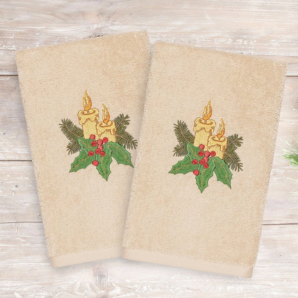 Linum Home Textiles Christmas 2-pack Candles Embroidered Luxury Turkish Cotton Hand Towels - Image 2