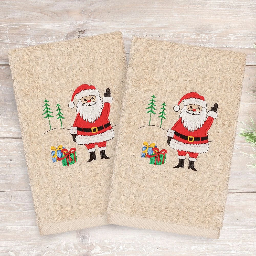 Linum Home Textiles 2-pack Christmas Santa Waving Embroidered Hand Towel Set - Image 2