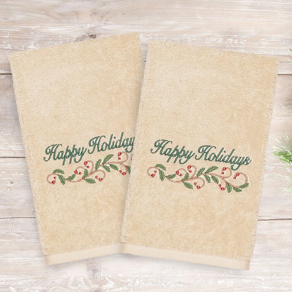 Linum Home Textiles Christmas 2-pack Happy Holidays Embroidered Luxury Turkish Cotton Hand Towels - Image 2