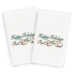 Linum Home Textiles Christmas 2-pack Happy Holidays Embroidered Luxury Turkish Cotton Hand Towels