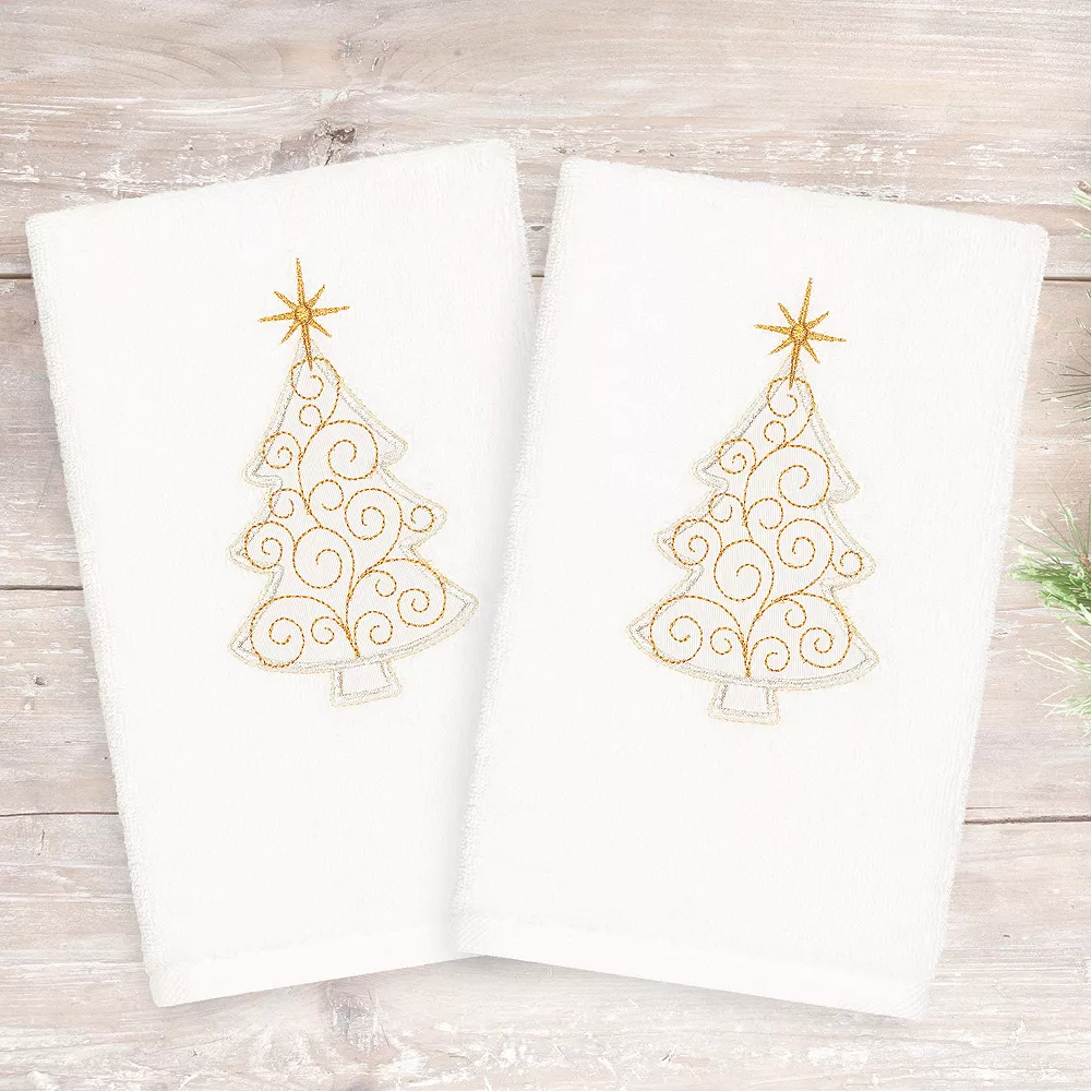 Linum Home Textiles 2-pack Christmas Scroll Tree Embroidered Hand Towel Set - Image 2