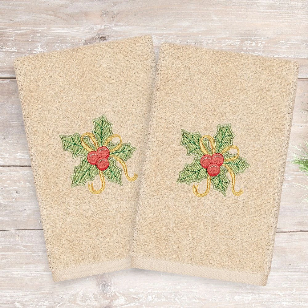 Linum Home Textiles Christmas 2-pack Holly Bunch Embroidered Luxury Turkish Cotton Hand Towels - Image 2