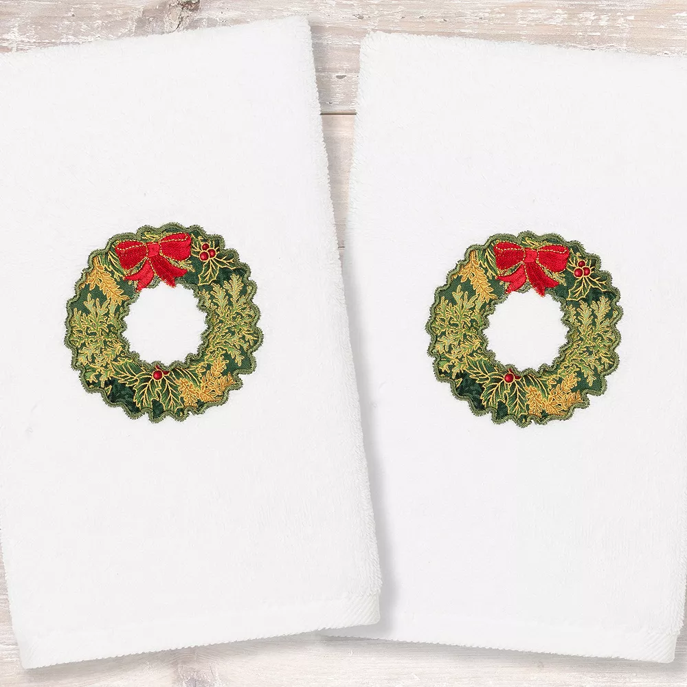 Linum Home Textiles 2-pack Christmas Wreath Embroidered Hand Towel Set - Image 2
