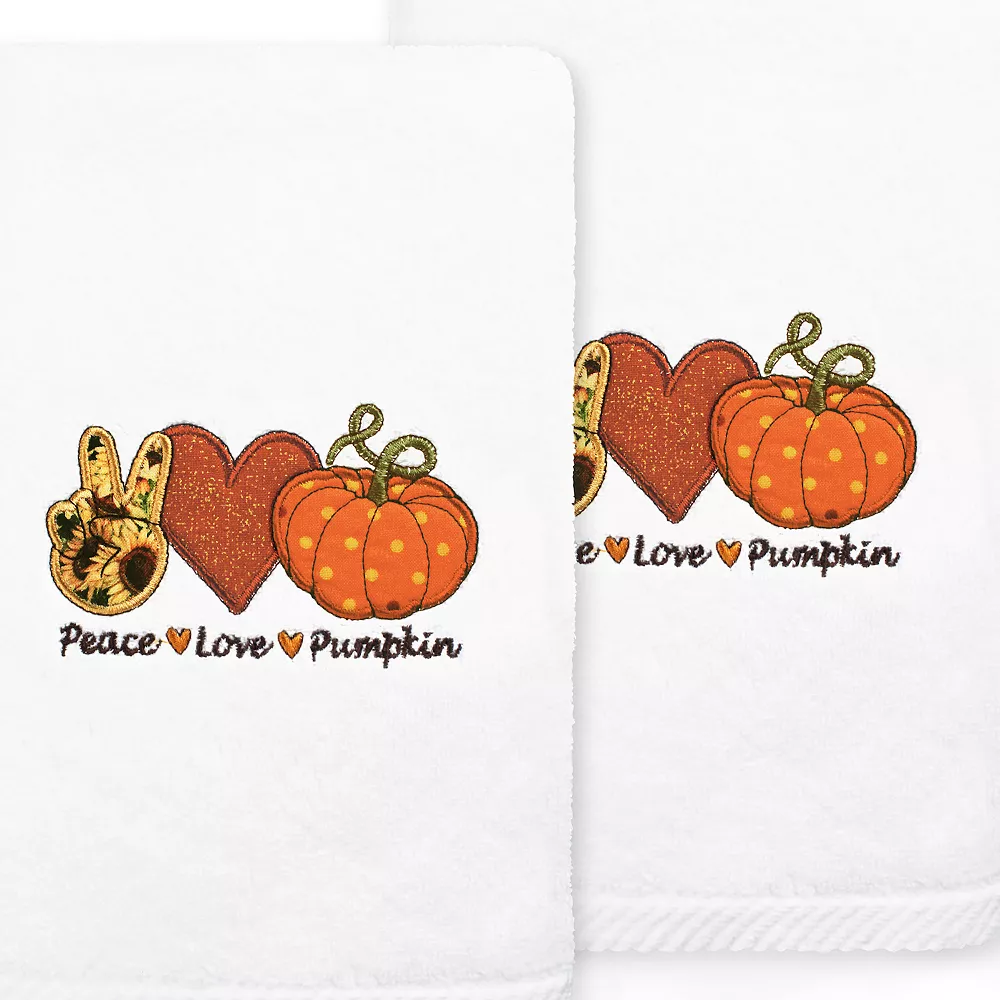 Linum Home Textiles Peace, Love, Pumpkin Embroidered Luxury Turkish Cotton 2-pack Hand Towel Set - Image 2