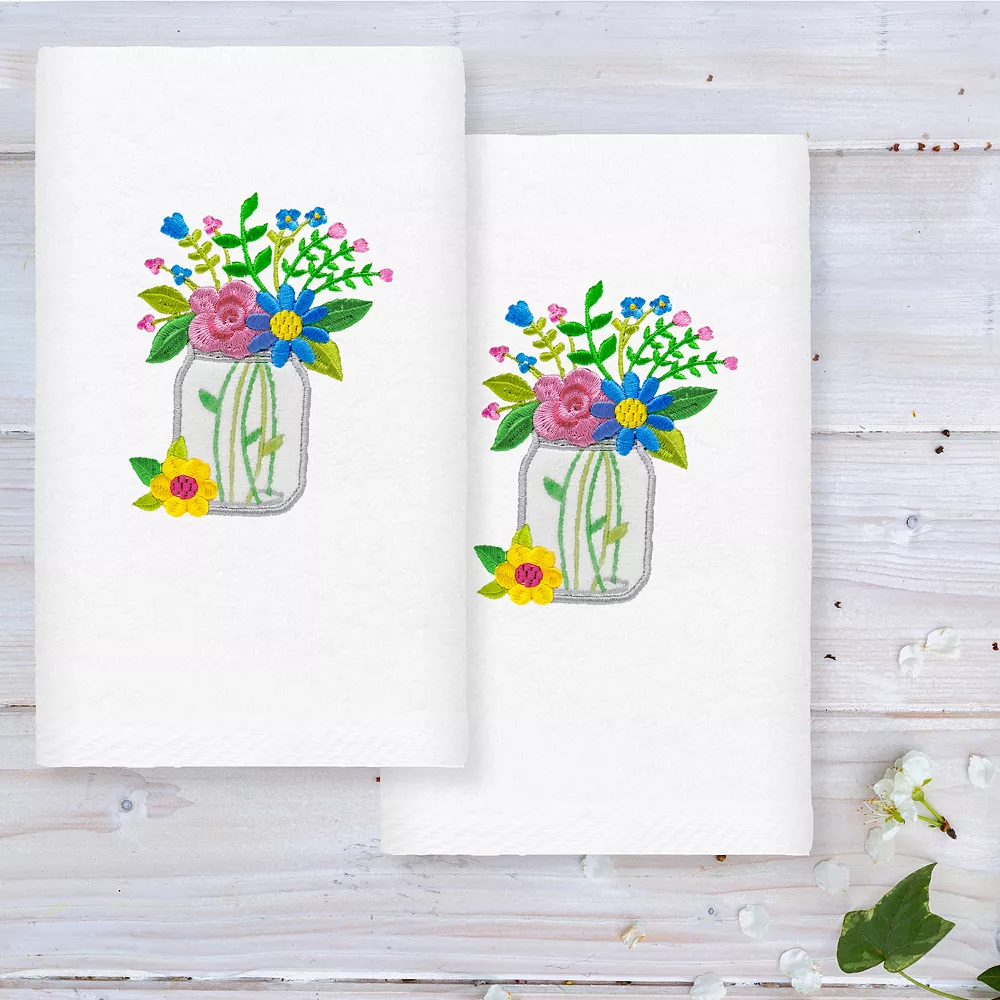 Linum Home Textiles Country Bouquet Embroidered Luxury Turkish Cotton Hand Towels 2-pack Set - Image 2