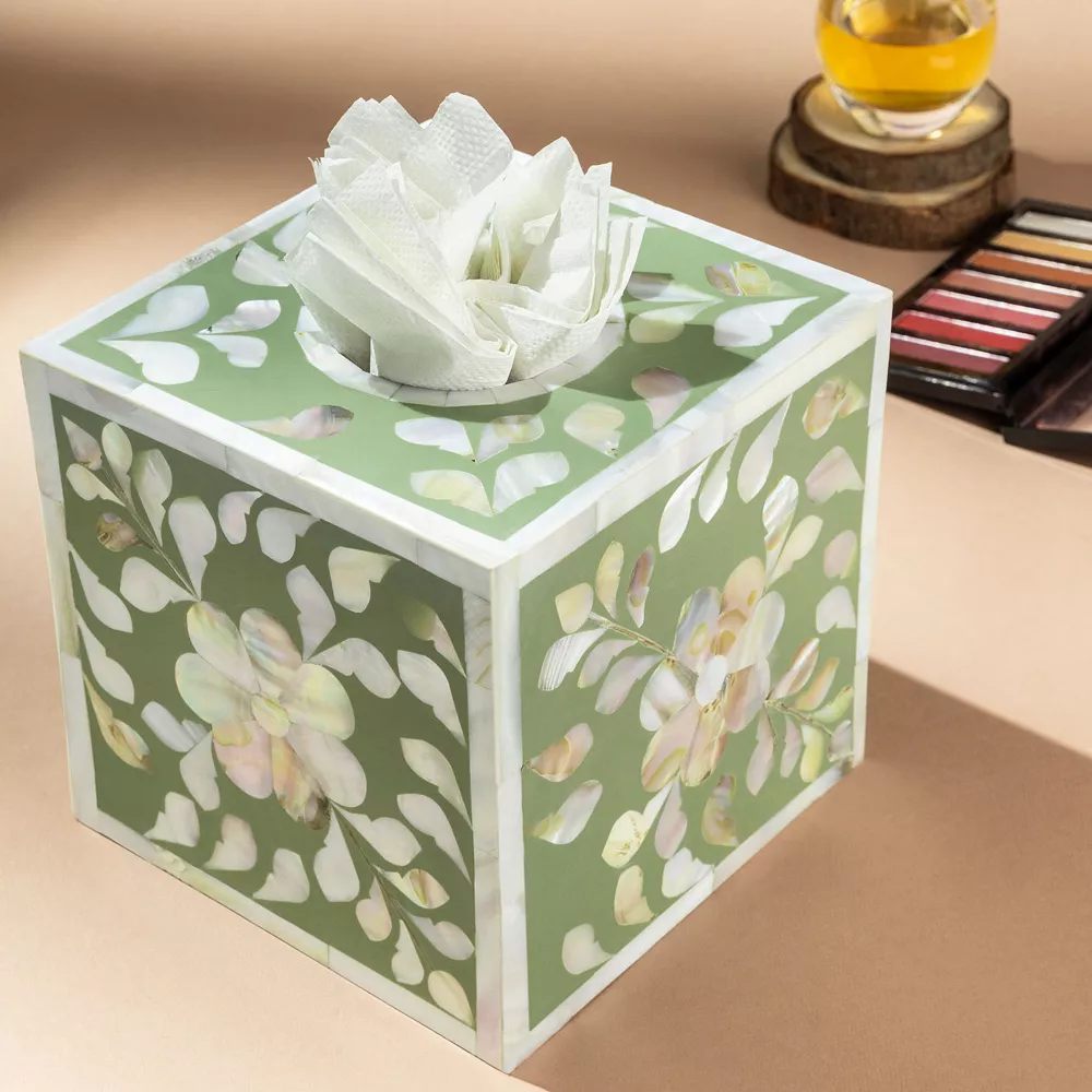 GAURI KOHLI Jodhpur Mother Of Pearl Tissue Box Cover - Olive - Image 2