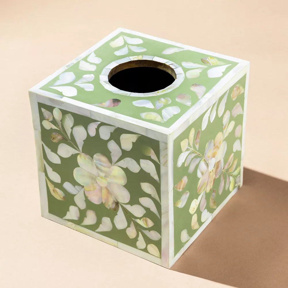 GAURI KOHLI Jodhpur Mother Of Pearl Tissue Box Cover - Olive - Image 3