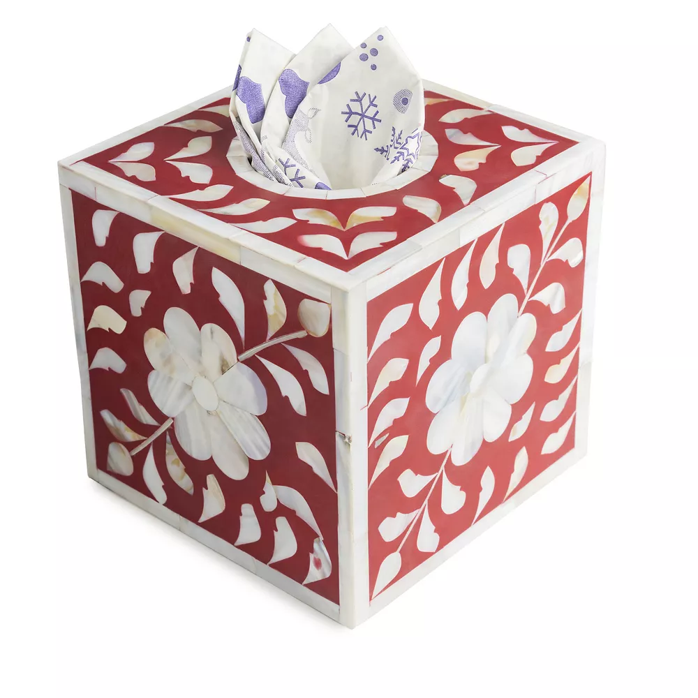 GAURI KOHLI Jodhpur Mother Of Pearl Tissue Box Cover - Burgundy