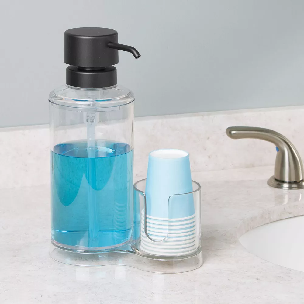 MDesign Plastic Refillable Mouthwash Dispenser/Cup Organizer - Clear/ Brushed - Image 2