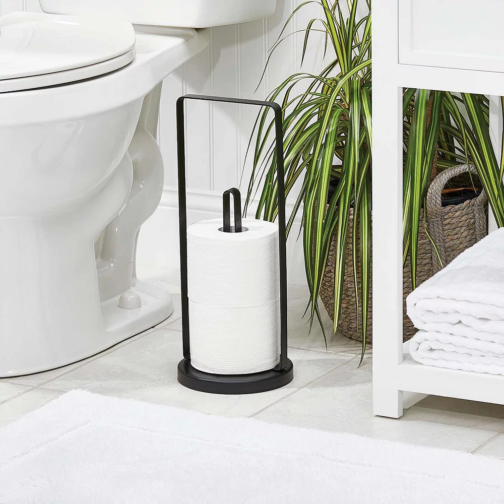 MDesign Metal Free-Standing Modern Toilet Paper Stand, Holds 3 Rolls - Black - Image 2