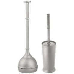 MDesign Compact Plastic Bathroom Toilet Bowl Brush, Plunger - Set Of 2 - Gray
