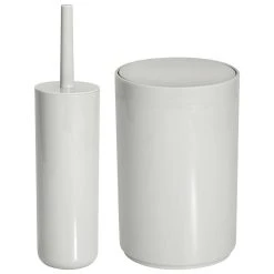 MDesign Toilet Bowl Brush And Wastebasket Combo - Set Of 2 - Light Gray