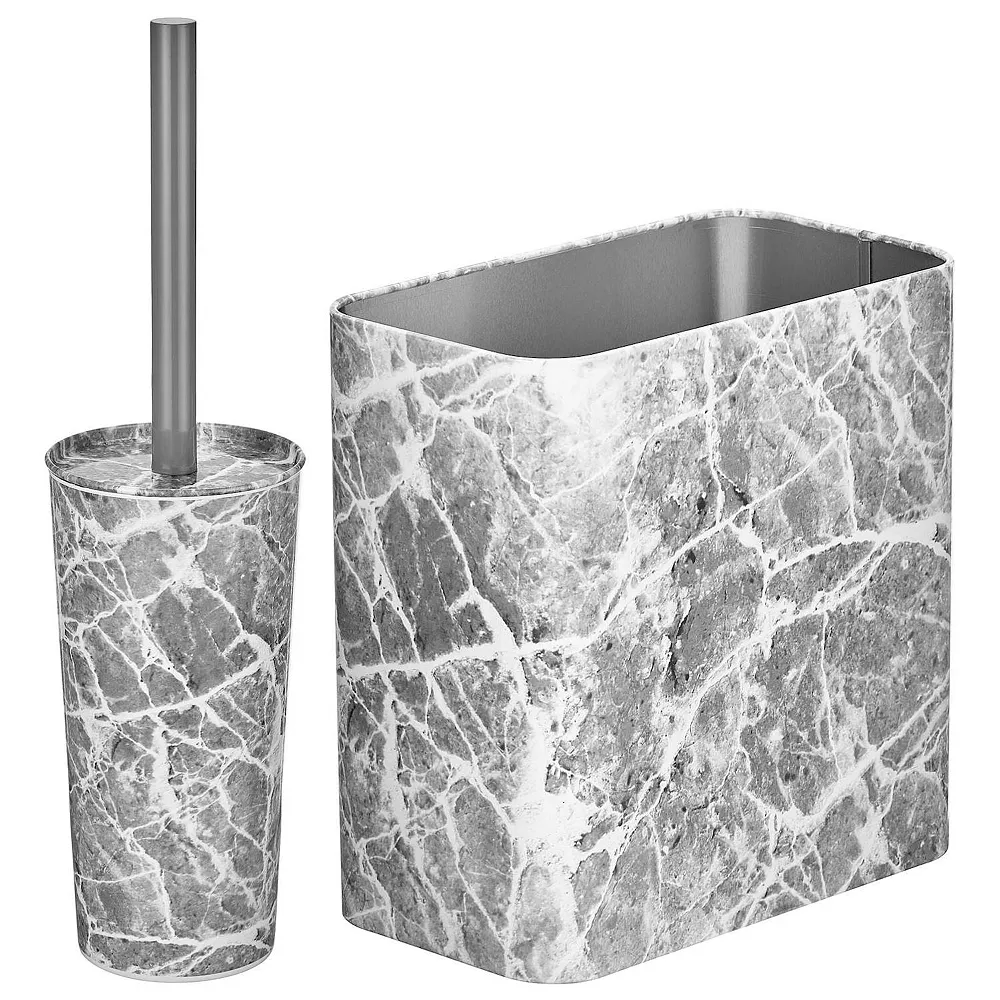 MDesign 2 Piece Plastic Bathroom Set, Bowl Brush And Trash Can - Stainless Steel
