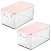 MDesign Deep Plastic Bathroom Storage Bin Box, Lid/Handles, 2 Pack, Clear/Pink