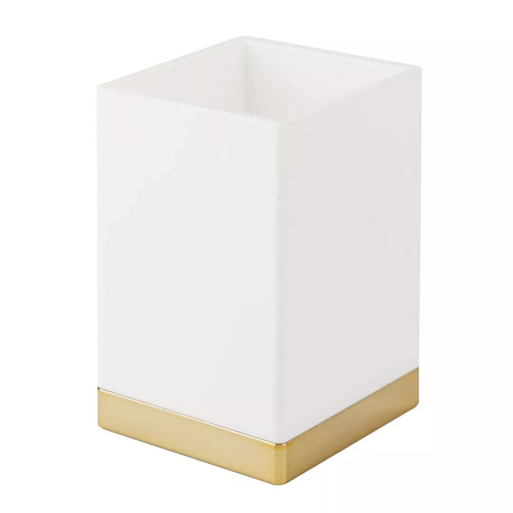 MDesign Square Tumbler Cup For Mouthwash, Makeup Brushes, White/Soft Brass