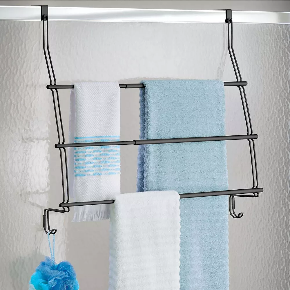 MDesign Expandable Metal Over Door Bathroom Towel Holder, 2 Hooks - Image 2