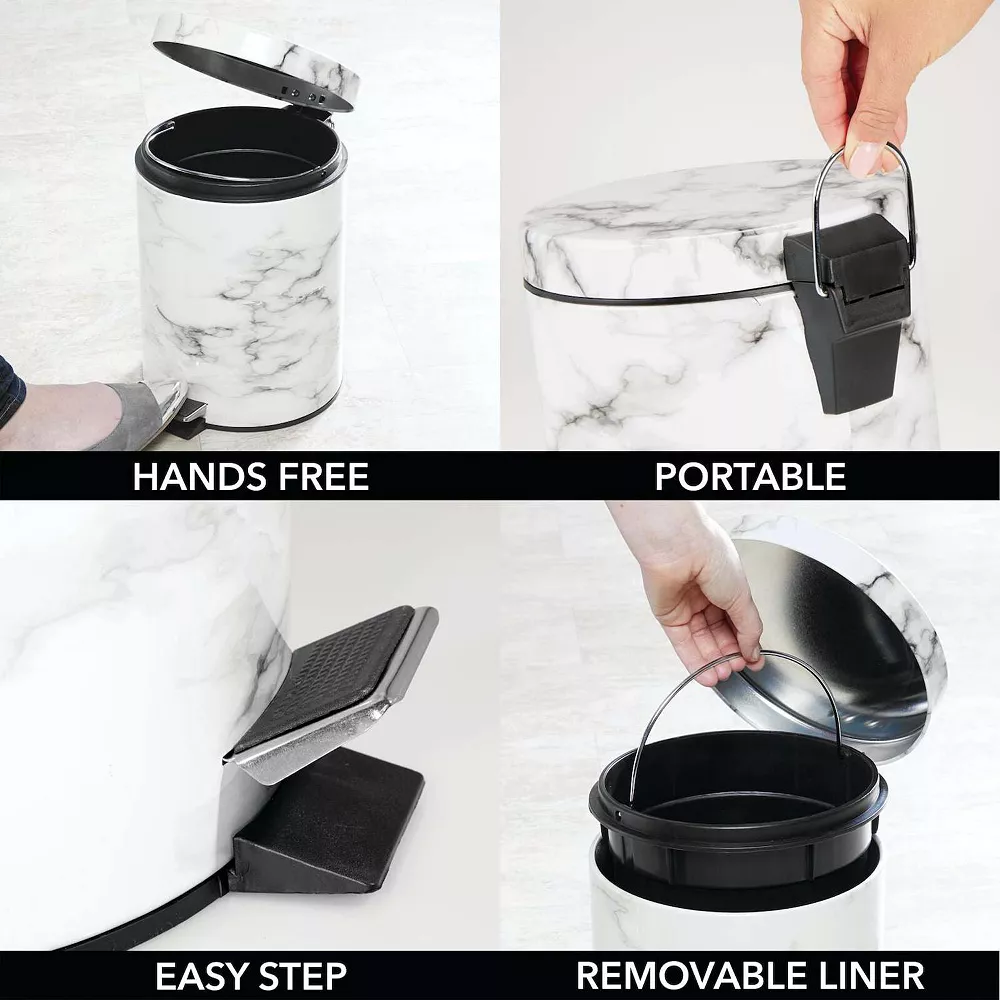 MDesign Metal/Plastic Toilet Bowl Brush/Holder 5L Step Trash Can - White Marble - Image 2