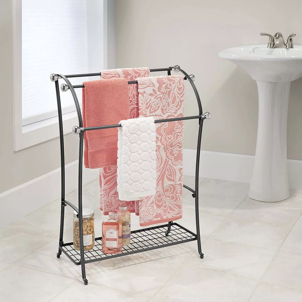 MDesign Large Metal Bathroom Towel Rack Holder & Storage Shelf, 3 Tiers - Bronze - Image 2