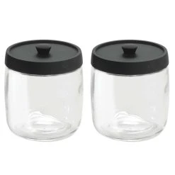 MDesign Round Glass Apothecary Canister Jar, Plastic Lid, 2 Pack, Clear/Black