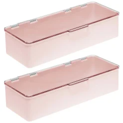 MDesign Long Plastic Cosmetic Storage Box, Hinged Lid, 2 Pack, Light Pink/Clear
