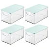 MDesign Deep Plastic Bathroom Storage Box, Lid/Handles, 4 Pack, Clear/Mint Green