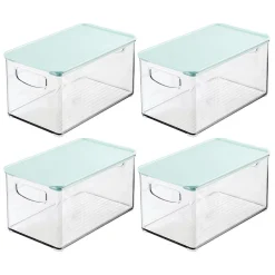 MDesign Deep Plastic Bathroom Storage Box, Lid/Handles, 4 Pack, Clear/Mint Green