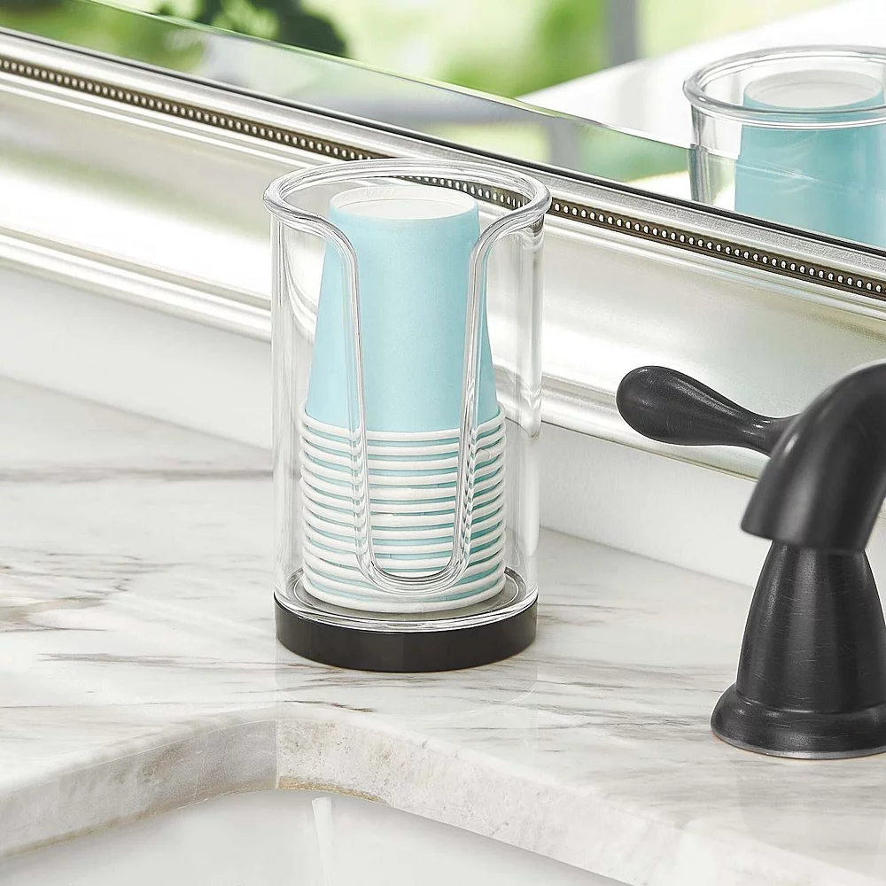 MDesign Plastic Small Bathroom Disposable Paper Cup Dispenser -Clear/Rose Gold - Image 2