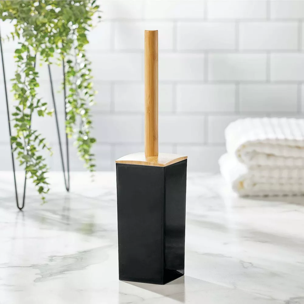 MDesign Square Toilet Bowl Brush And Holder - Cream/Brown/Natural Wood - Image 2