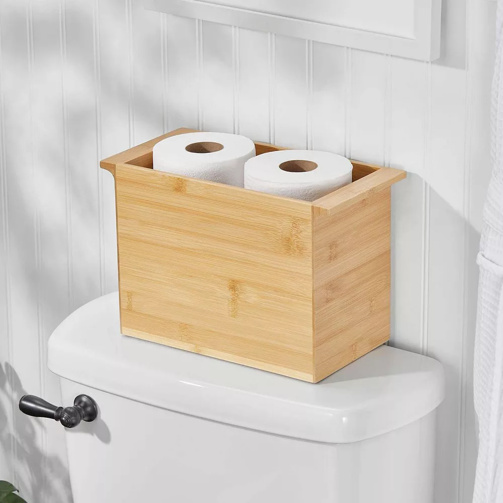 MDesign Natural Wood Bathroom Roll Holder Storage Organizer Basket - Natural - Image 2