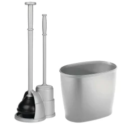 MDesign Plastic Bathroom Combo, Bowl Brush/Plunger/Trash Can, Set Of 2, Silver
