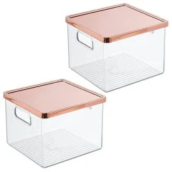 MDesign Storage Bin With Steel Lid For Bathroom - 2 Pack - Clear/Rose Gold