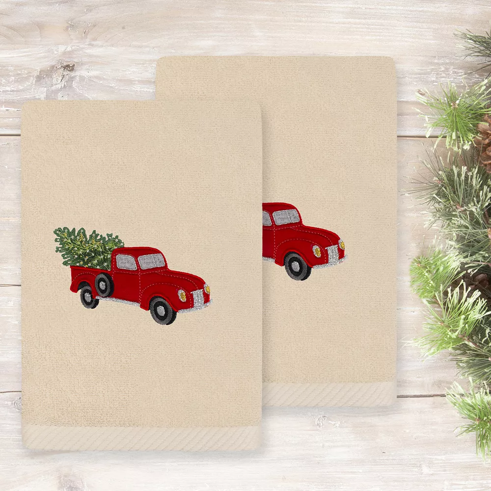 Linum Home Textiles Christmas Truck Embroidered Luxury Turkish Cotton Set Of 2 Hand Towels - Image 2