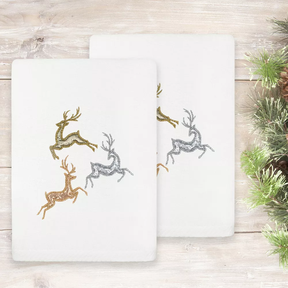 Linum Home Textiles Christmas Leaping Deer Embroidered Luxury Turkish Cotton Set Of 2 Hand Towels - Image 2