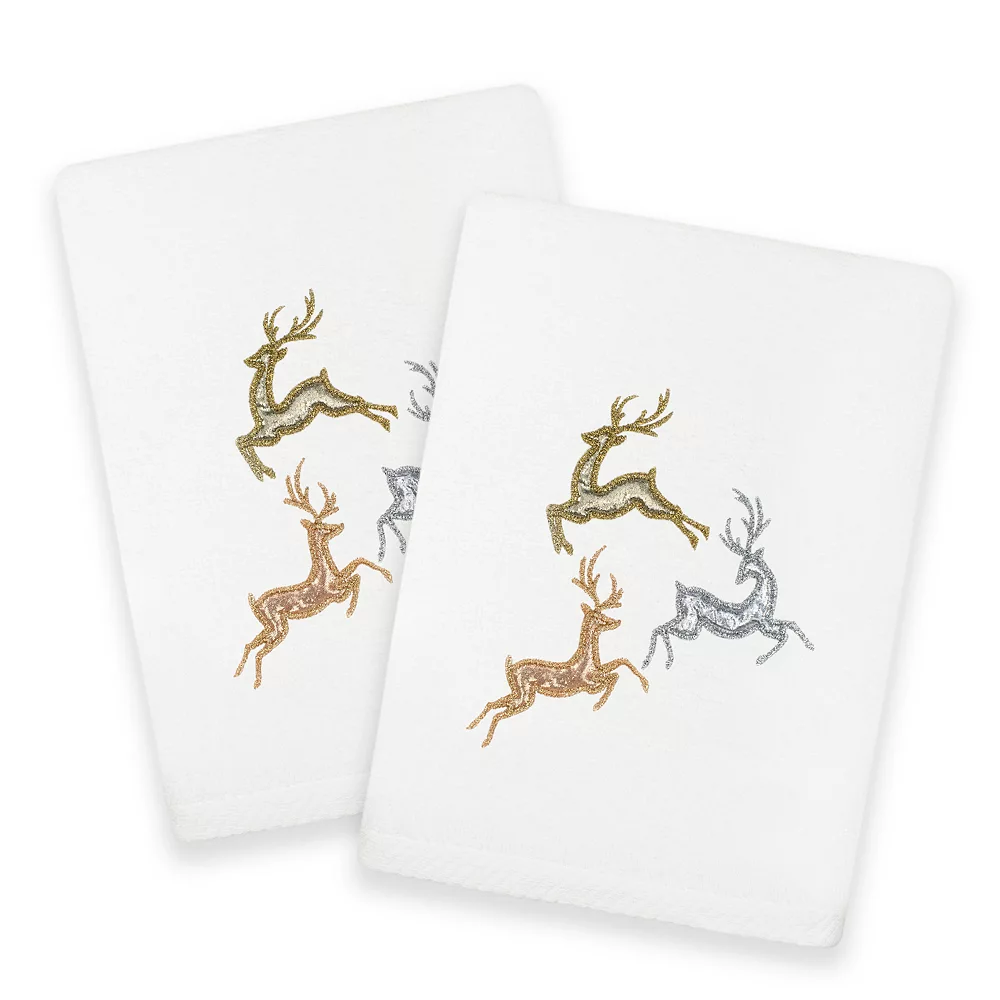 Linum Home Textiles Christmas Leaping Deer Embroidered Luxury Turkish Cotton Set Of 2 Hand Towels